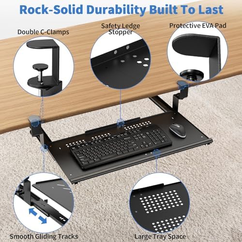 Keyboard Tray Under Desk - Full Metal Slide Out Holder, Rust-Resistant & Scratch-Proof, Double C-Clamps, 26x13" Tray for L Shape/Regular Desks, Standing/Sitting Workstation(Black-B)