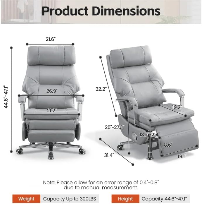 HUBSON 360° Swivel Big and Tall Faux Leather Executive Office Chairs, Grey