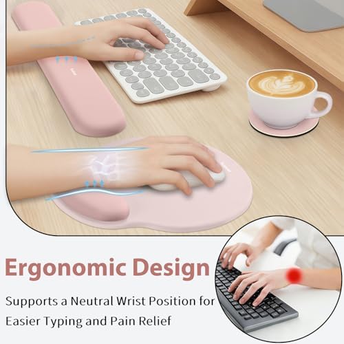 Sushret Mouse Pad and Keyboard Wrist Rest, 3-in-1 Gel Memory Foam Ergonomic Mouse Pad with Wrist Rest Set, Gaming Mousepad Arm Cushion Support for Computer Office Desk Accessories Cute Setup, Pink