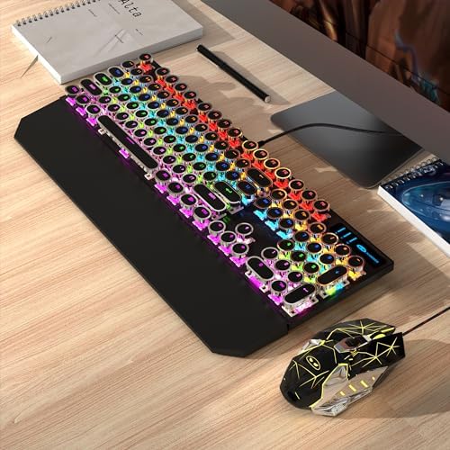 Typewriter Mechanical Gaming Keyboard and Mouse Combo, Retro Punk Round Keycaps RGB Rainbow Backlit Wired Keyboard for Game and Office, for Windows Laptop PC, Red Switches(Black)