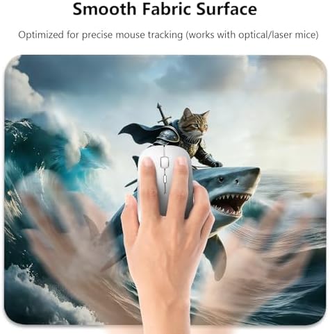 Cat Knight Riding a Shark Mouse Pad, Funny Fantasy Surfing Scene Desk Mat