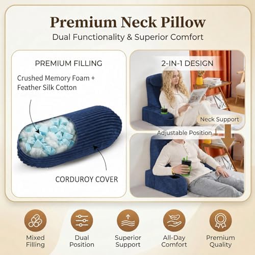 Reading Pillow for Adults, Back Pillow for Bed Sitting Up, Backrest Pillow for Sitting in Bed, Detachable Arms with Built-in Cup & Phone Caddy (Dark Navy-Corduroy, 21 INCH)