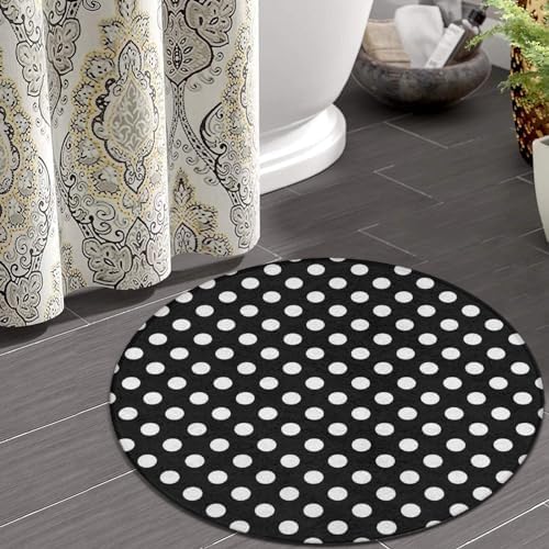 Large Home Decor Mat, Soft Round Yoga Carpet, Non-Slip Machine Washable Home Office Circle Rug Compatible with White Black Polka Dots
