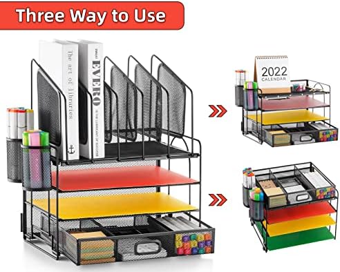 Marbrasse Desk Organizer with Drawer, 4-Tier Mesh File Organizer with 5 Vertical File Holders and 2 Pen Holders, Multifunction Desktop Organizer,Desk Organizers and Accessories for Home Office