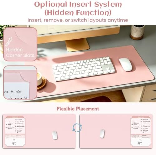 Leather Desk Pad Protector, Large Office Faux Leather Desk Mat, Non-Slip Large Mouse Pad, Flexible Desktop Dry Erase Planning Sheets Included - 16"x34" Blush Pink