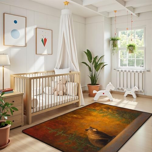 Calming Bear Forest Harmonious Warm Sunset Colors Area Rug Outdoor Patio Rug Play Mat Modern Floor Carpet Non-Slip Home Decor Living Room Kids Bedroom Nursery, 3x5 ft