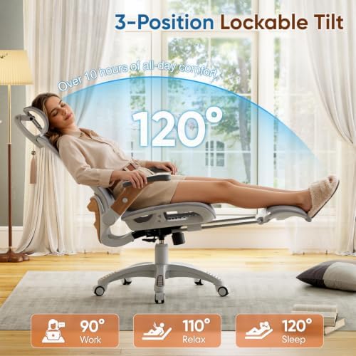 Ergonomic High-Back Office Chair with Footrest – Flip-Up Arms, 3D Headrest, 135° Recline, and Wide Mesh Seat with Lumbar Support. Rolling Swivel Task Chair for Gaming or Work, Sturdy, 300 LBS, 01NT-FT
