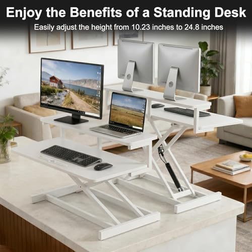 37 Inch Standing Desk Converter, 10.23-24.8 inches Adjustable Height Standing Desk Riser, Sit to Stand Up Duals Monitor Riser Workstation, for Home Office Laptop - White