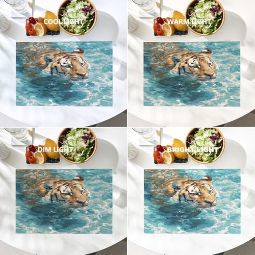 Batmerry Cute Tiger in Water Blue Linen Placemats Set of 4, Swimming Washable Table Mats for Kitchen Table Thickened Heat Insulation Dining Set Indoor Outdoor 12X18 in