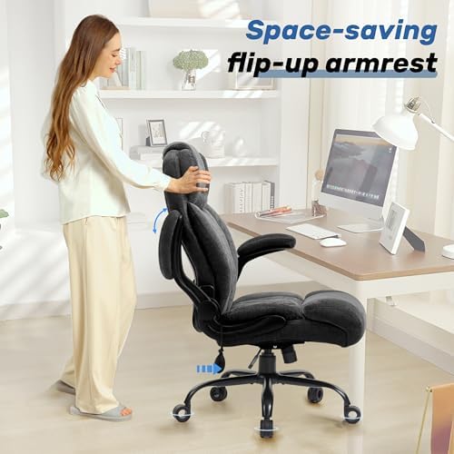 500LBS Big and Tall Executive Office Chair with Adjustable Lumbar Support,Extra Wide Seat Ergonomic Computer Desk Chair Flip-up Arm,Home Office Chair Spring Cushion Upgraded Metal Base, Fabric Black