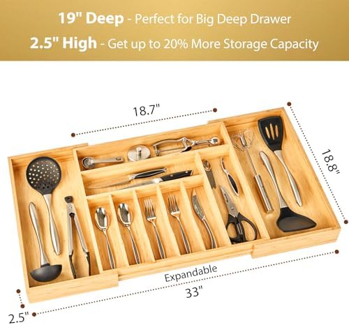 Umilife Extra Large Expandable Kitchen Siverware Utensils Drawer Organizer, 19" Deep for Big Drawer, Adjustable Bamboo Wood Drawer Divider with Curved Grooves, Cutlery Tray Flatware Holder