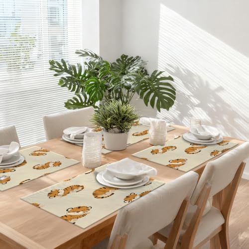 Cute Tiger in Tan Placemats, Sleeping Tigers Pattern Place Mats for Dining/Kitchen Table Waterproof Washable Linen Heat Insulation Dinner Table Mats 12X18 in 8 Pcs