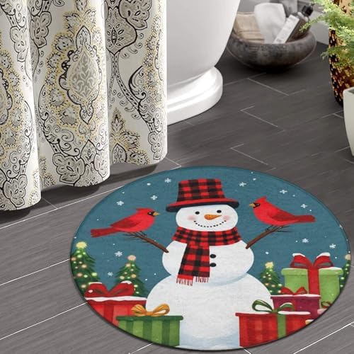 Soft Round Yoga Carpet, Office Chair Decor Round Mat for Carpet and Hardwood Floors Red Green Buffalo Plaid Snowflake Snowman Christmas