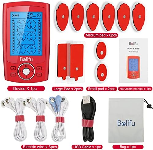 Belifu Dual Channel TENS EMS Unit 24 Modes Muscle Stimulator for Pain Relief Therapy, Electronic Pulse Massager Muscle Massager with 10 Pads, Dust-Proof Drawstring Storage Bag, Fastening Cable Ties