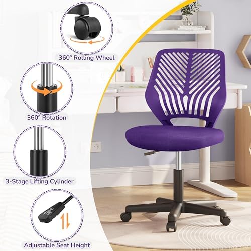 Yaheetech Small Desk Chair, Armless Adjustable Swivel Seat, Purple