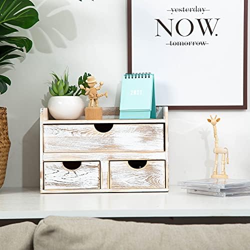Rustic Distressed white 3-Tier Wood Desk Organizer with 3 Drawers Mini Storage Shelf For Desk, Toiletries Vanity Office Supplies (Vintage white)
