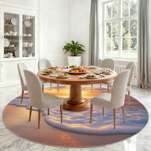 Coastal Round Rug - 8ft Washable Ocean Theme Round Area Rug for Living Room, Marine Landscape Circle Rugs Soft Non-Slip Carpet for Bedroom Dining Table Coffee Table Decor Mat