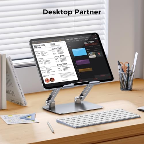 UGREEN Tablet Stand Holder for Desk Dual Rod Support Aluminum Tablet Holder Adjustable Multi-Angle Home Office Accessories Compatible with iPad Pro 13 12 11 10.5 Air Mini 5 4 3 2 Phone E-Reader Silver