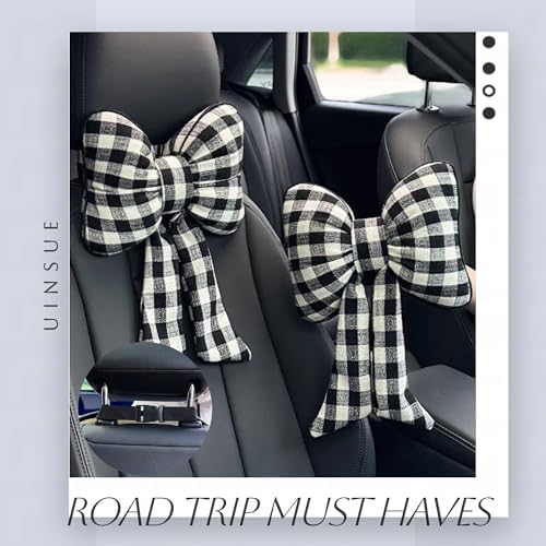 2PCS Chic Car Headrests with Bow-Shaped Cotton Linen Bowknot Neck Pillows for Cozy Road Trip & Cute Interior Decoration (Black Plaid)