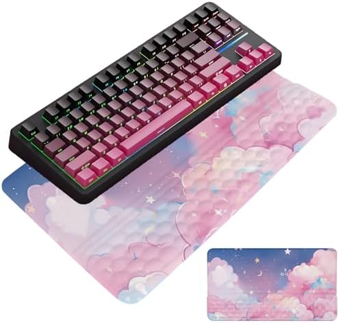 Computer Keyboard Stand Pad with Wrist Rest Pink Cloud Keyboard Pad Support with Comfortable Moon Galaxy Stars Wrist Pad Cute Girl Ergonomic Tilted Keyboard Riser Holder for Desktop Office Home