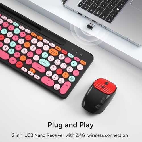 Retro Typewriter Wireless Keyboard with Round Keycaps, 2.4GHz Compact USB Cute Wireless Keyboard and Mouse Combo for Desktop, Laptop and Computer