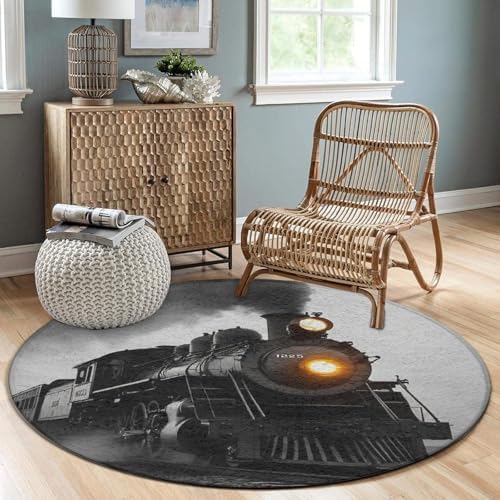 Fashion Round Area Rug Large Non Slip Carpet Unisex Home Decor Mat Black Steam Train