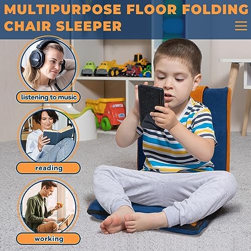 2 Pcs Floor Chair with Back Support Padded Floor Seating Portable Floor Seat Meditation Cushion Adjustable Fully Folding Backrest for Adult Kid Gaming Linen Washable Cover, Nylon Bottom (Blue, Khaki)
