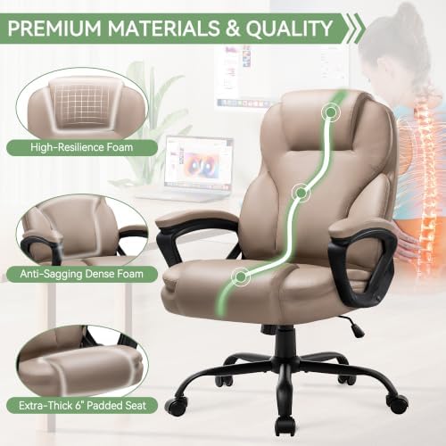 Ergonomic Office Chair with High Back, Comfy Desk Chair, Adjustable Executive Office Chair for Home Office, Big and Tall Computer Chair Heavy Duty, 360° Swivel, Faux Leather, Taupe Beige