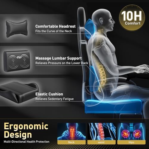 HLDIRECT High Back Gaming Chair, USB Massage Lumbar Support, Black