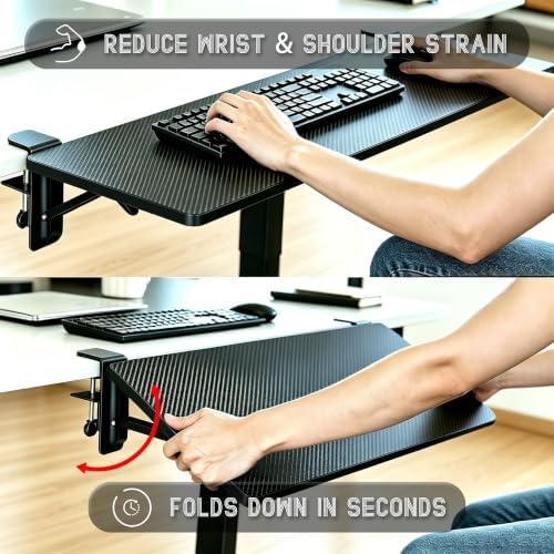 Foldable Desk Extender 25" x 9.45" Ergonomic Computer Table Clamp On Extension Arm Support Keyboard Tray for Square Tabletop (Carbon Fiber Pattern)