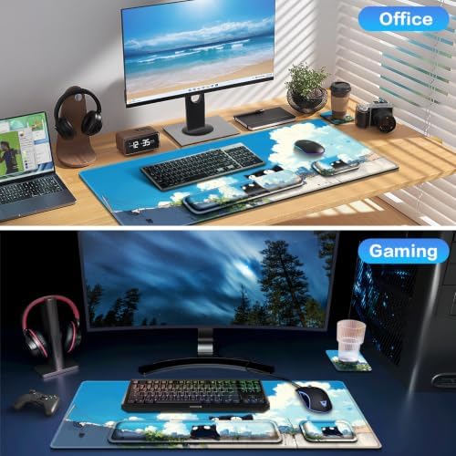 Desk Mat, Large Gaming Mouse Pad with Wrist Rest, 4in1 XXL Mousepad+Keyboard Wrist Rest+Mouse Pad Wrist Support+Cup Coaster Set Ergonomic Computer Desk Arm Wrist for Decor Home Office Women