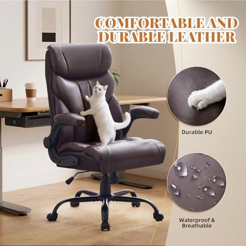 Big and Tall Office Chairs with Adjustable Flip-up Armrests,500LBS Wide Ergonomic Gaming Chair,100-118°Recline Executive Leather Computer Chairs with Adjustable Height,Coffee