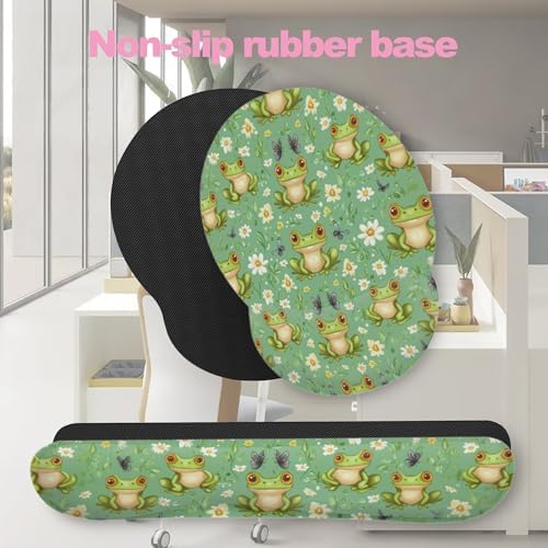 Funny Frog Butterfly Flower Mouse Pad with Wrist Rest Set, 3-in-1 Wrist Support Mousepad Set, Gaming Mat Pad with Anti-Skid Base,Ergonomic Memory Foam Mouse Pad Set for Women, Office, Typing, Gaming