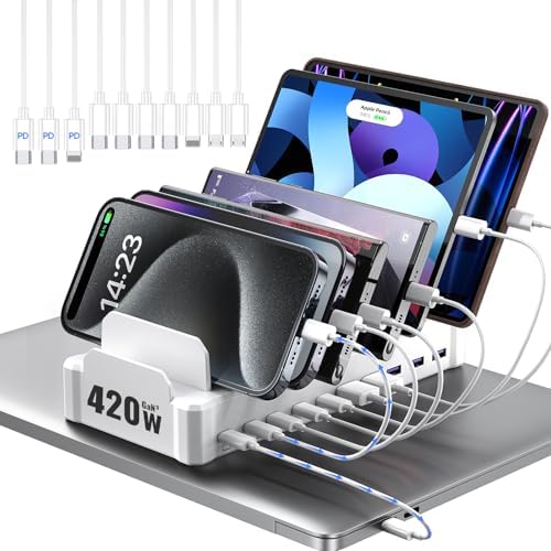 Zobirez 420W 10-Port Fast USB Charging Station for Multiple Devices, White