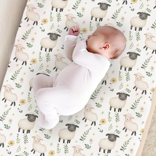 Cute Farm Animals Sheep Flowers Floral Leaves Baby Changing Pad Cover, Unisex Farm Nursery Diaper Changing Table Pad Mat Sheet for Boys Girls-16x32