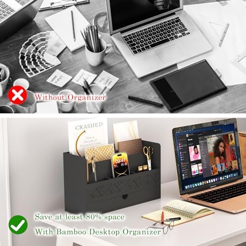 Wisuce Bamboo Mail Organizer with Drawer, Countertop Desk Organizer(Black)