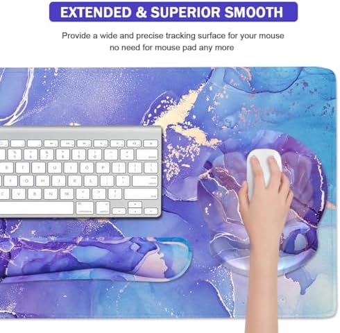 4-in-1 Gaming Mouse Pad Wrist Support Set，Desk Pad + Mouse Pad with Wrist Rest + Keyboard Wrist Rest + Coaster, Ergonomic Design for Home Office Study Game - Purple Marble