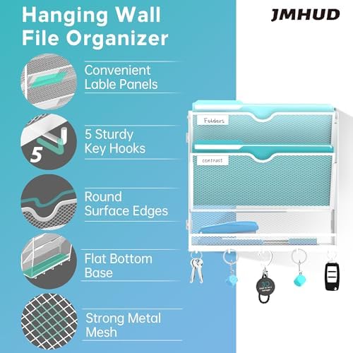 3-Tier Wall File Organizer and Mail Organizer with 5 Hooks, White