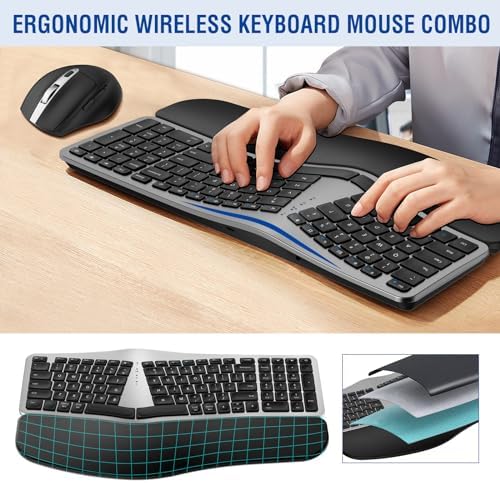 MK960 Ergo Wireless Keyboard Mouse Combo, Bluetooth/2.4G Split Design Keyboard with Palm Rest and 4 Level DPI Adjustable Wireless Mouse, Multi-Device, Rechargeable, for Windows/Mac/Android(Silver)