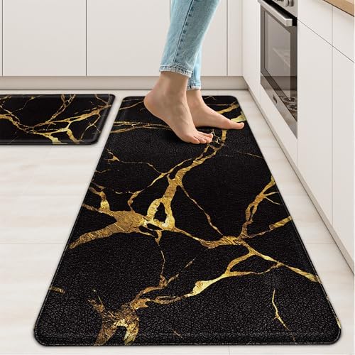 Tyrot Gold Black Kitchen Mats for Floor 2 Pcs 17.3"X28"+17.3"X47"