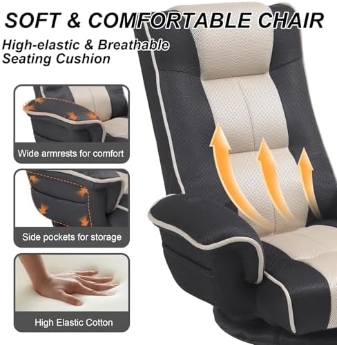 Ergonomic Gaming Chair, 6-Position Reclining Sofa Bed with Lumbar Support, Foldable Floor Lounger with Thick Cushion, Armrests & Side Pockets for Reading, Gray/Beige