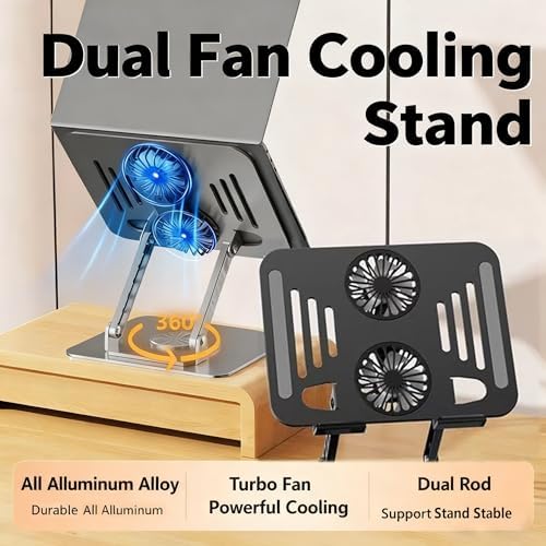 Laptop Stand for Desk with Quiet Cooling Fans - 360 Rotating Base Ergonomic Computer Stand, Aluminum Laptop Riser Foldable Protable for Office Home fits MacBook Air Pro, Dell, HP (10-17.3'') (silver)