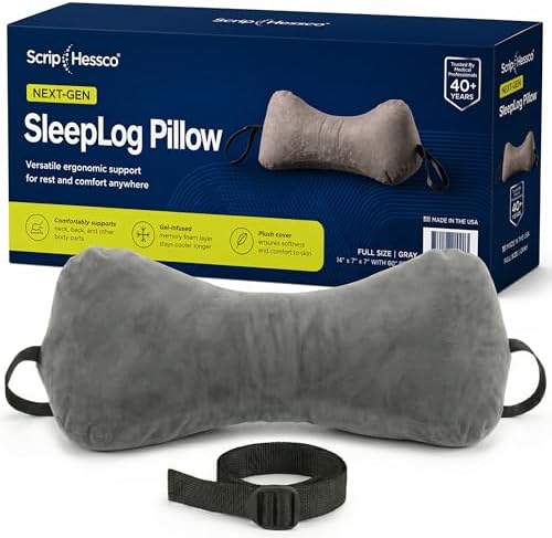 Next-GEN SleepLog Bone Shaped Chiropractic Neck Pillow – Adjustable Fill Cervical & Lumbar Support with 60" Positioning Strap – Latex Free – Full 15"x7" Gray