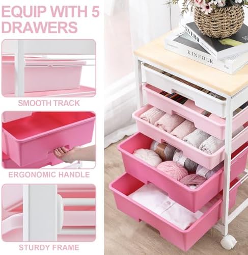 SYKIARIOL Utility Cart with Drawers,5 Drawers Storage Cart,Rose Pink