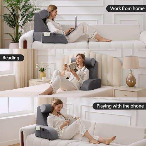 19" Reading Pillow for Bed with Back Support & Big Pockets, Grey
