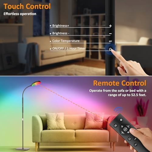 PACOVY Floor Lamp, Adjustable Height Floor Lamps for Living Room Bedroom, 120 LED Super Bright Standing Lamp Remote &Touch Control Dimmable Gooseneck Tall Stand Reading Lamp for Office Craft Black-RGB