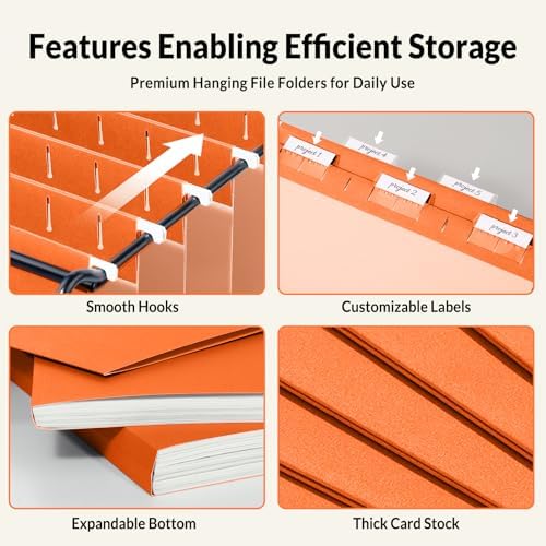 SUNEE Hanging File Folders, 25 Pack Letter Size Hanging File Folders with 1/5-Cut Tabs, Ideal for Home and Office Organization and Papers Classification,Orange