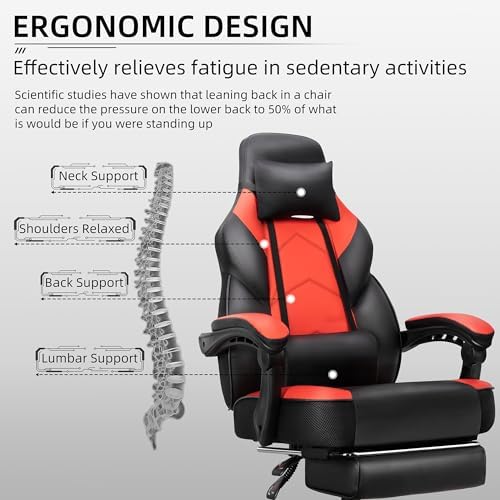 Gaming Chair with Footrest, Massage Lumbar Support, Height Adjustment, and 360° Swivel Seat, Ergonomic Design for Gaming
