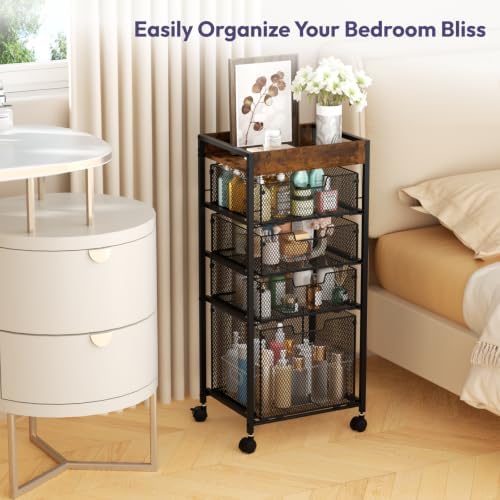 SWTYMIKI Rolling File Cart with Drawers - 5 Tier Art Craft Rolling Organizer Cart - Office Storage &Organization, Mobile Metal File Cabinet for Office and Home Espresso
