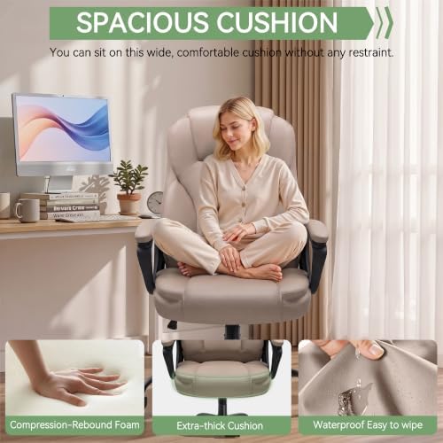 Ergonomic Office Chair with High Back, Comfy Desk Chair, Adjustable Executive Office Chair for Home Office, Big and Tall Computer Chair Heavy Duty, 360° Swivel, Faux Leather, Taupe Beige